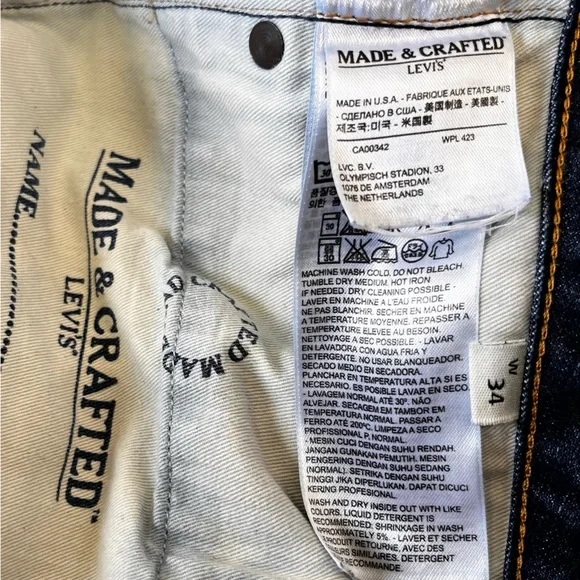 Levis Made and Crafted Tack Slim Jeans Mens 34x34 Nova Blue Denim Made in USA